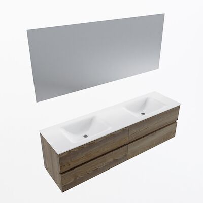 MONDIAZ VICA 170cm badmeubel onderkast Dark Brown Grey 4 lades. Wastafel CLOUD dubbel 2 kraangaten, kleur Talc met spiegel LED.