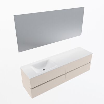 MONDIAZ VICA 170cm badmeubel onderkast Linen 4 lades. Wastafel CLOUD links zonder kraangat, kleur Talc met spiegel LED.