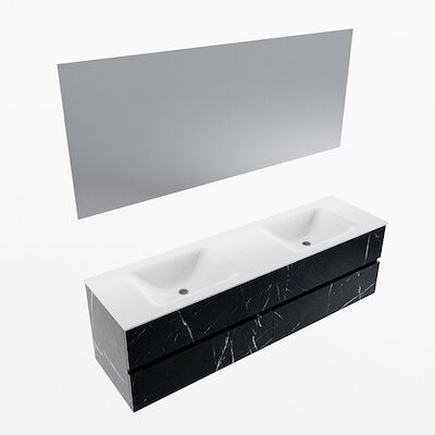 MONDIAZ VICA 170cm badmeubel onderkast Marquina 4 lades. Wastafel CLOUD dubbel 2 kraangaten, kleur Talc met spiegel LED.