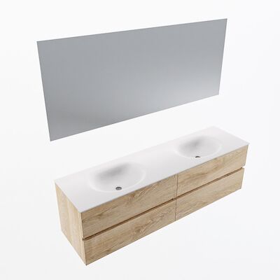 MONDIAZ VICA 170cm badmeubel onderkast Washed Oak 4 lades. Wastafel Moon dubbel zonder kraangat, kleur Talc met spiegel LED.