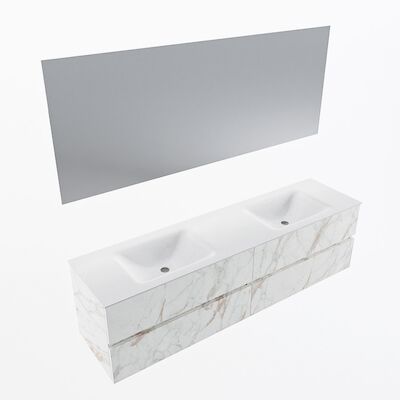 MONDIAZ VICA 180cm badmeubel onderkast Carrara 4 lades. Wastafel CLOUD dubbel 2 kraangaten, kleur Talc met spiegel LED.