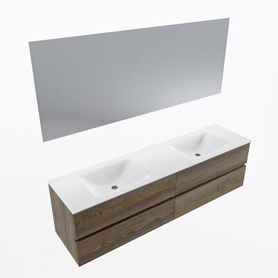 MONDIAZ VICA 180cm badmeubel onderkast Dark Brown Grey 4 lades. Wastafel CLOUD dubbel 2 kraangaten, kleur Talc met spiegel LED.