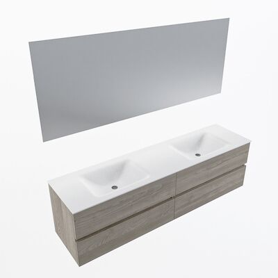 MONDIAZ VICA 180cm badmeubel onderkast Light Brown Grey 4 lades. Wastafel CLOUD dubbel zonder kraangat, kleur Talc met spiegel LED.