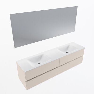 MONDIAZ VICA 180cm badmeubel onderkast Linen 4 lades. Wastafel CLOUD dubbel 2 kraangaten, kleur Talc met spiegel LED.