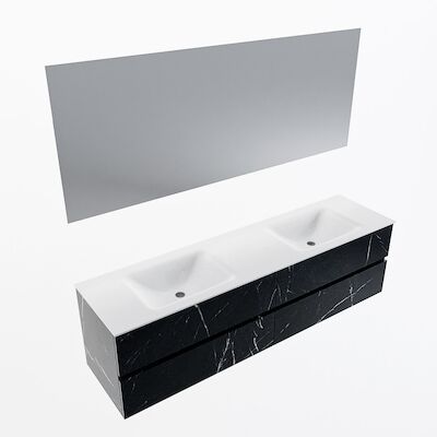 MONDIAZ VICA 180cm badmeubel onderkast Marquina 4 lades. Wastafel CLOUD dubbel 2 kraangaten, kleur Talc met spiegel LED.