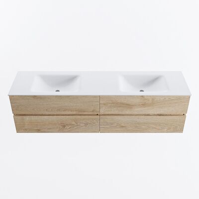 MONDIAZ VICA 180cm badmeubel onderkast Washed Oak 4 lades. Wastafel CLOUD dubbel 2 kraangaten, kleur Talc.