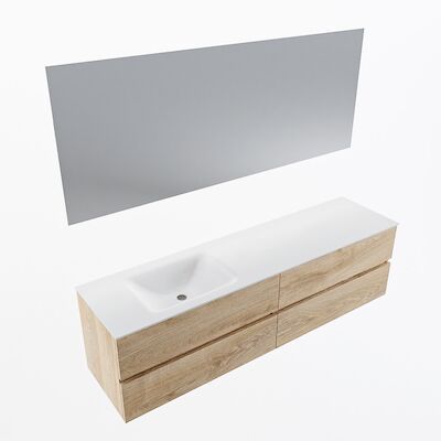MONDIAZ VICA 180cm badmeubel onderkast Washed Oak 4 lades. Wastafel CLOUD links zonder kraangat, kleur Talc met spiegel LED.