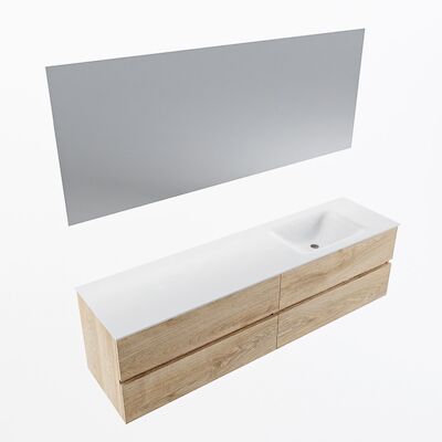 MONDIAZ VICA 180cm badmeubel onderkast Washed Oak 4 lades. Wastafel CLOUD rechts zonder kraangat, kleur Talc met spiegel LED.