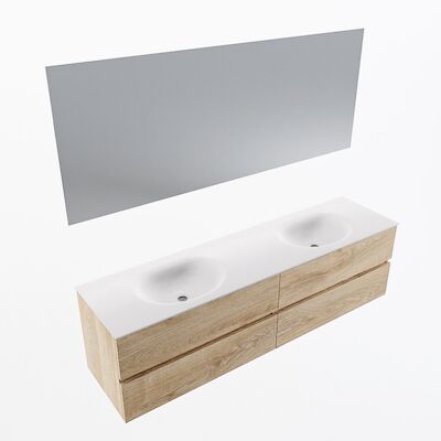 MONDIAZ VICA 180cm badmeubel onderkast Washed Oak 4 lades. Wastafel Moon dubbel 2 kraangaten, kleur Talc met spiegel LED.