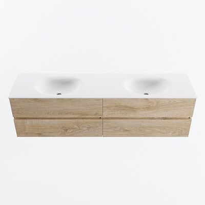 MONDIAZ VICA 180cm badmeubel onderkast Washed Oak 4 lades. Wastafel MOON dubbel zonder kraangat, kleur Talc.