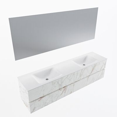 MONDIAZ VICA 190cm badmeubel onderkast Carrara 4 lades. Wastafel CLOUD dubbel 2 kraangaten, kleur Talc met spiegel LED.