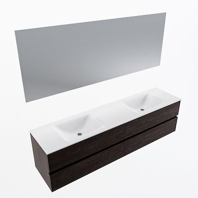 MONDIAZ VICA 190cm badmeubel onderkast Dark Brown 4 lades. Wastafel CLOUD dubbel zonder kraangat, kleur Talc met spiegel LED.