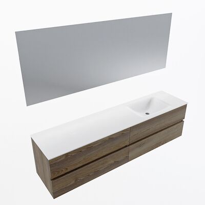 MONDIAZ VICA 190cm badmeubel onderkast Dark Brown Grey 4 lades. Wastafel CLOUD rechts 1 kraangat, kleur Talc met spiegel LED.