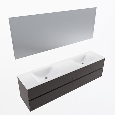 MONDIAZ VICA 190cm badmeubel onderkast Dark Grey 4 lades. Wastafel CLOUD dubbel 2 kraangaten, kleur Talc met spiegel LED.