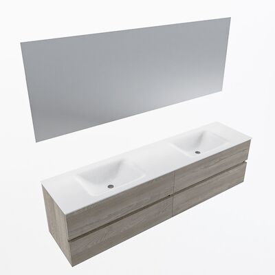 MONDIAZ VICA 190cm badmeubel onderkast Light Brown Grey 4 lades. Wastafel CLOUD dubbel 2 kraangaten, kleur Talc met spiegel LED.