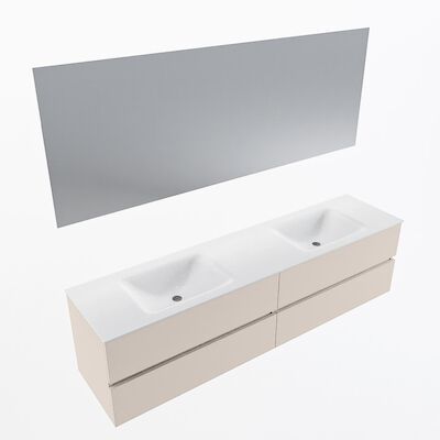 MONDIAZ VICA 190cm badmeubel onderkast Linen 4 lades. Wastafel CLOUD dubbel zonder kraangat, kleur Talc met spiegel LED.