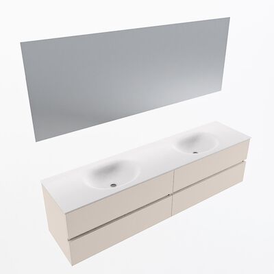 MONDIAZ VICA 190cm badmeubel onderkast Linen 4 lades. Wastafel Moon dubbel 2 kraangaten, kleur Talc met spiegel LED.