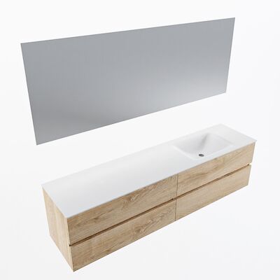 MONDIAZ VICA 190cm badmeubel onderkast Washed Oak 4 lades. Wastafel CLOUD rechts 1 kraangat, kleur Talc met spiegel LED.