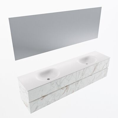 MONDIAZ VICA 200cm badmeubel onderkast Carrara 4 lades. Wastafel Moon dubbel zonder kraangat, kleur Talc met spiegel LED.