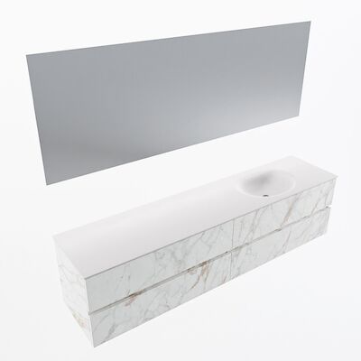 MONDIAZ VICA 200cm badmeubel onderkast Carrara 4 lades. Wastafel Moon rechts 1 kraangat, kleur Talc met spiegel LED.