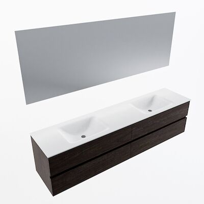 MONDIAZ VICA 200cm badmeubel onderkast Dark Brown 4 lades. Wastafel CLOUD dubbel zonder kraangat, kleur Talc met spiegel LED.