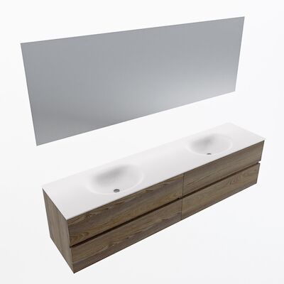 MONDIAZ VICA 200cm badmeubel onderkast Dark Brown Grey 4 lades. Wastafel Moon dubbel 2 kraangaten, kleur Talc met spiegel LED.
