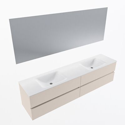 MONDIAZ VICA 200cm badmeubel onderkast Linen 4 lades. Wastafel CLOUD dubbel zonder kraangat, kleur Talc met spiegel LED.