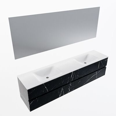 MONDIAZ VICA 200cm badmeubel onderkast Marquina 4 lades. Wastafel CLOUD dubbel 2 kraangaten, kleur Talc met spiegel LED.