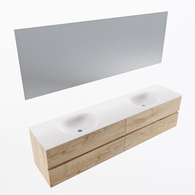 MONDIAZ VICA 200cm badmeubel onderkast Washed Oak 4 lades. Wastafel Moon dubbel 2 kraangaten, kleur Talc met spiegel LED.