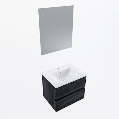 MONDIAZ VICA 60cm badmeubel onderkast Antracite 2 lades. Wastafel Denia midden 1 kraangat, kleur Glanzend Wit met spiegel LED.