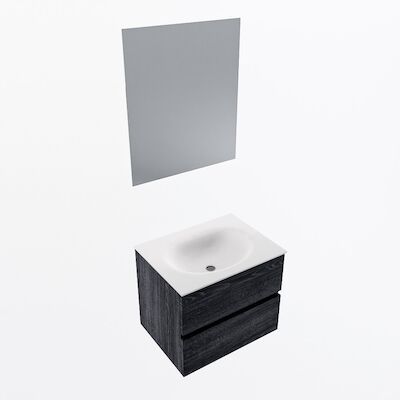 MONDIAZ VICA 60cm badmeubel onderkast Antracite 2 lades. Wastafel Moon midden 1 kraangat, kleur Talc met spiegel LED.