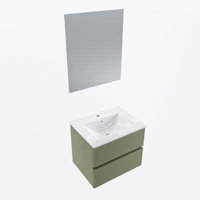 MONDIAZ VICA 60cm badmeubel onderkast Army 2 lades. Wastafel Denia midden 1 kraangat, kleur Glanzend Wit met spiegel LED.