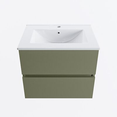 MONDIAZ VICA 60cm badmeubel onderkast Army 2 lades. Wastafel DENIA midden 1 kraangat, kleur Glanzend Wit.