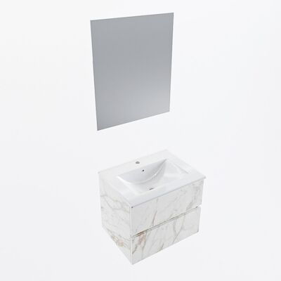 MONDIAZ VICA 60cm badmeubel onderkast Carrara 2 lades. Wastafel Denia midden 1 kraangat, kleur Glanzend Wit met spiegel LED.