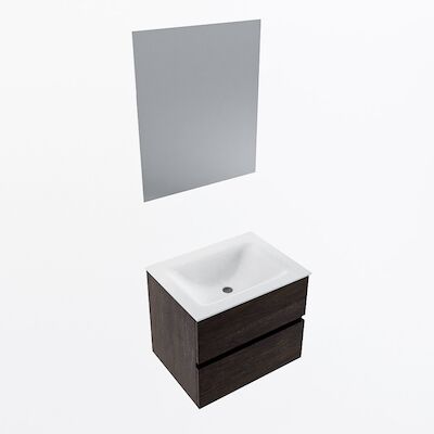 MONDIAZ VICA 60cm badmeubel onderkast Dark Brown 2 lades. Wastafel CLOUD midden zonder kraangat, kleur Talc met spiegel LED.