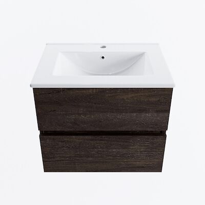 MONDIAZ VICA 60cm badmeubel onderkast Dark Brown 2 lades. Wastafel DENIA midden 1 kraangat, kleur Glanzend Wit.