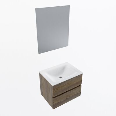 MONDIAZ VICA 60cm badmeubel onderkast Dark Brown Grey 2 lades. Wastafel CLOUD midden 1 kraangat, kleur Talc met spiegel LED.