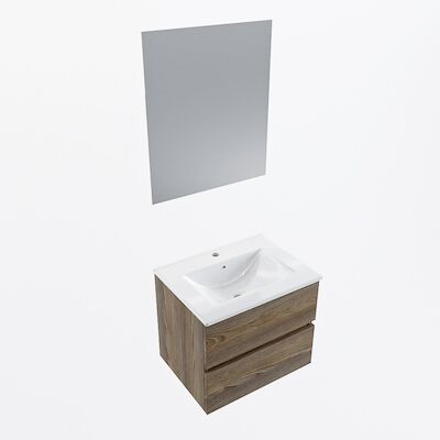 MONDIAZ VICA 60cm badmeubel onderkast Dark Brown Grey 2 lades. Wastafel Denia midden 1 kraangat, kleur Glanzend Wit met spiegel LED.