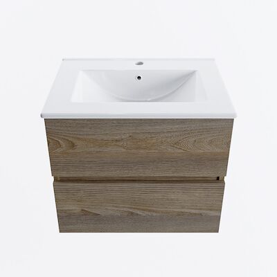 MONDIAZ VICA 60cm badmeubel onderkast Dark Brown Grey 2 lades. Wastafel DENIA midden 1 kraangat, kleur Glanzend Wit.