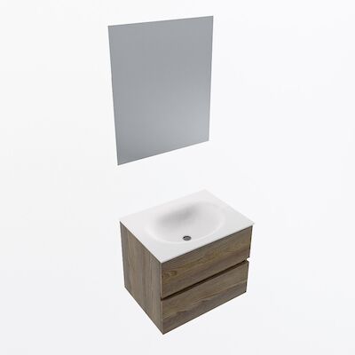 MONDIAZ VICA 60cm badmeubel onderkast Dark Brown Grey 2 lades. Wastafel Moon midden zonder kraangat, kleur Talc met spiegel LED.