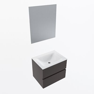 MONDIAZ VICA 60cm badmeubel onderkast Dark Grey 2 lades. Wastafel CLOUD midden zonder kraangat, kleur Talc met spiegel LED.