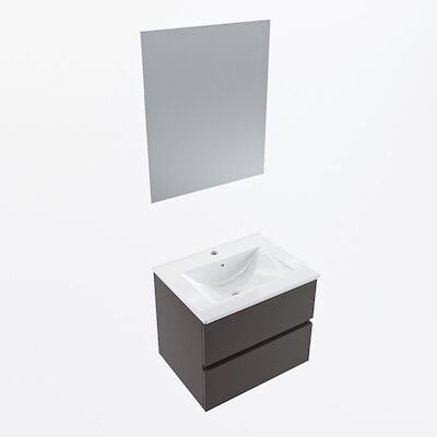 MONDIAZ VICA 60cm badmeubel onderkast Dark Grey 2 lades. Wastafel Denia midden 1 kraangat, kleur Glanzend Wit met spiegel LED.