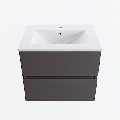MONDIAZ VICA 60cm badmeubel onderkast Dark Grey 2 lades. Wastafel DENIA midden 1 kraangat, kleur Glanzend Wit.
