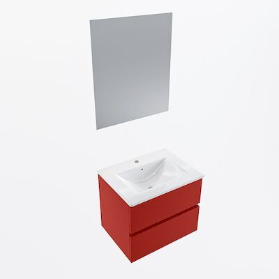 MONDIAZ VICA 60cm badmeubel onderkast Fire 2 lades. Wastafel Denia midden 1 kraangat, kleur Glanzend Wit met spiegel LED.