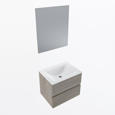 MONDIAZ VICA 60cm badmeubel onderkast Light Brown Grey 2 lades. Wastafel CLOUD midden 1 kraangat, kleur Talc met spiegel LED.