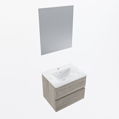 MONDIAZ VICA 60cm badmeubel onderkast Light Brown Grey 2 lades. Wastafel Denia midden 1 kraangat, kleur Glanzend Wit met spiegel LED.