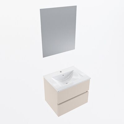 MONDIAZ VICA 60cm badmeubel onderkast Linen 2 lades. Wastafel Denia midden 1 kraangat, kleur Glanzend Wit met spiegel LED.