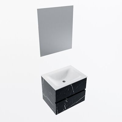 MONDIAZ VICA 60cm badmeubel onderkast Marquina 2 lades. Wastafel CLOUD midden zonder kraangat, kleur Talc met spiegel LED.