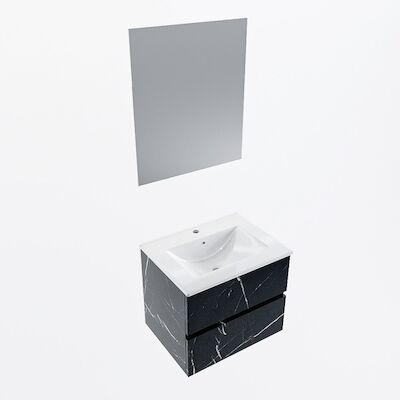 MONDIAZ VICA 60cm badmeubel onderkast Marquina 2 lades. Wastafel Denia midden 1 kraangat, kleur Glanzend Wit met spiegel LED.