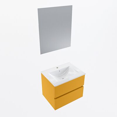 MONDIAZ VICA 60cm badmeubel onderkast Ocher 2 lades. Wastafel Denia midden 1 kraangat, kleur Glanzend Wit met spiegel LED.